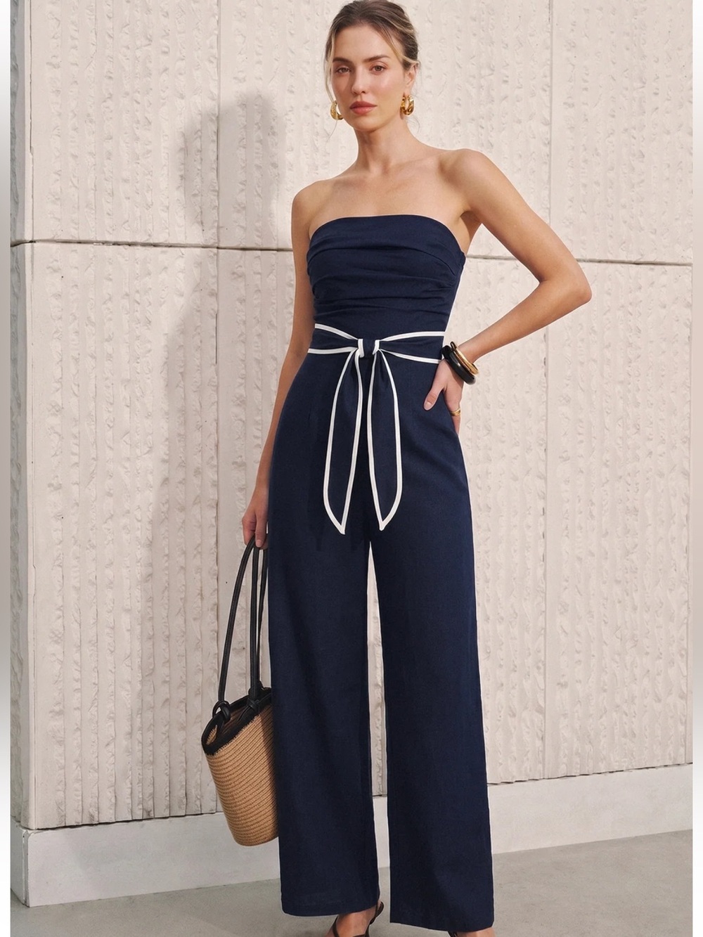 Commense Strapless Navy Wide-Leg Jumpsuit with Contrast Tie Belt L